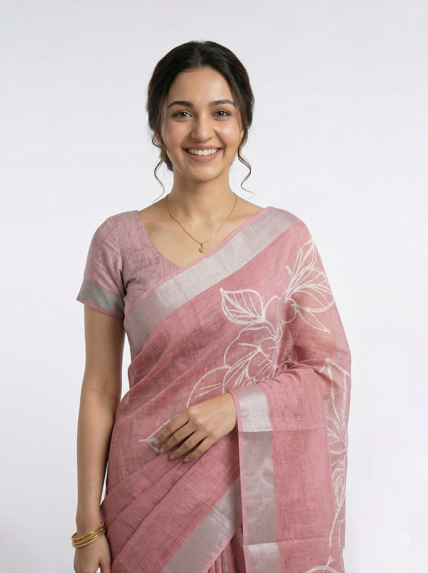 Semi Linen Dusty Pink Floral Print Saree with Silver Zari Border