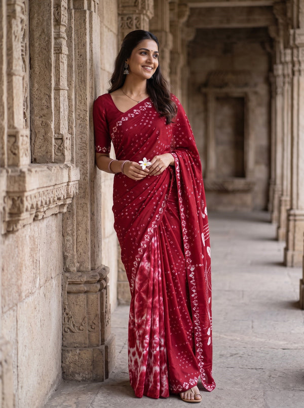 Semi Modal Red Saree with Bandhani Print and Shibori Hem
