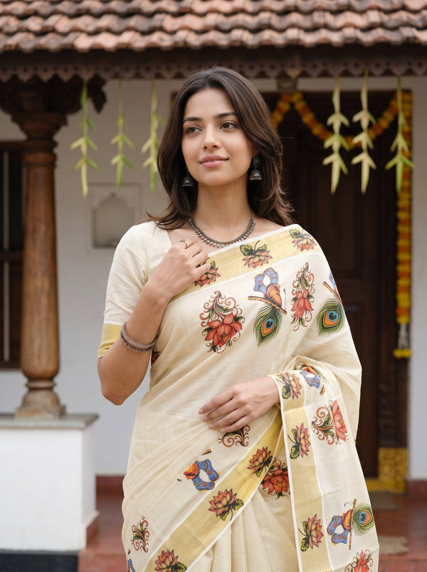 Tissue Cream Mural Art Lotus Peacock  Onam Special Kerala Saree with Golden Border