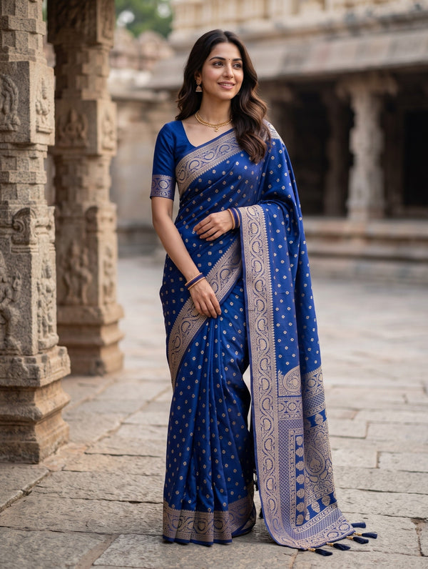 Banarasi Navy Blue Copper Zari Kalka Paisley Jaal Pallu Saree with Floral Butta