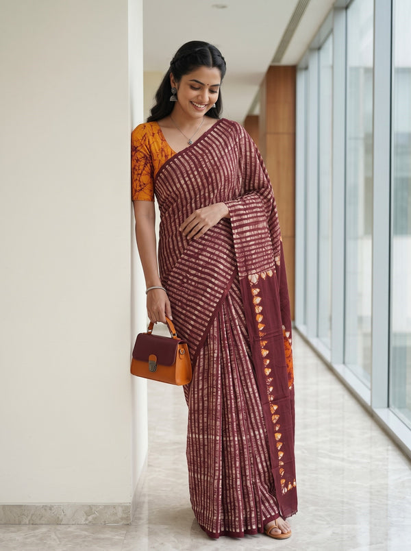 Modal Maroon Batik Crackle Print Saree