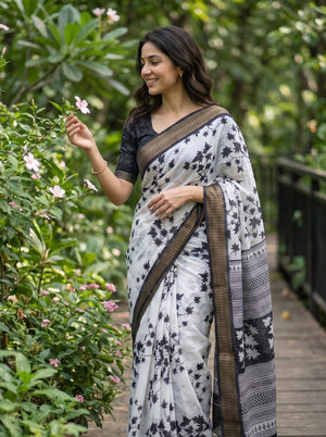 Polycotton White Black Maple Leaf Print Saree with Greek Key Chevron Border Pallu