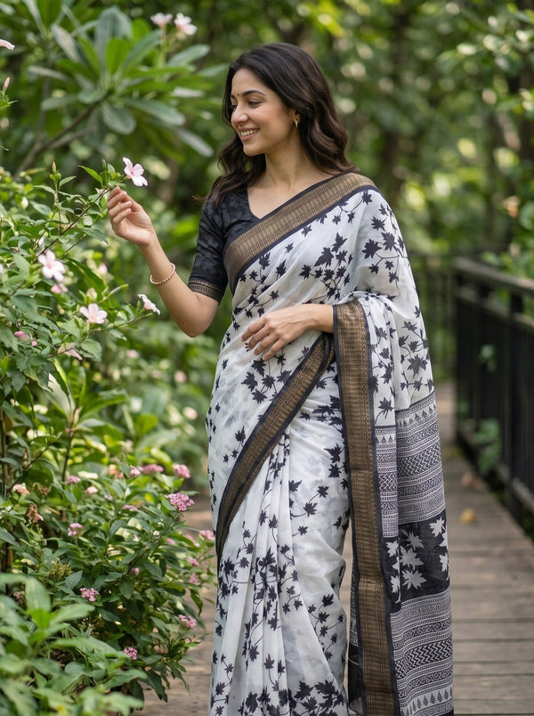 Polycotton White Black Maple Leaf Print Saree with Greek Key Chevron Border Pallu
