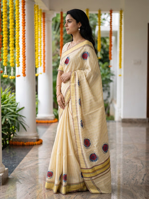 Tissue  Golden Pinstripe Circular Motif with Multi-Stripe Border Onam Special Kerala Saree
