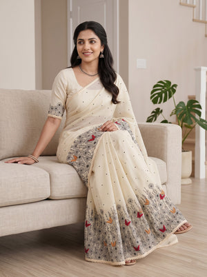 Net Kota Saree in Lemon Yellow with Black Floral Butterfly Print