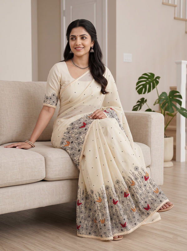 Net Kota Saree in Lemon Yellow with Black Floral Butterfly Print