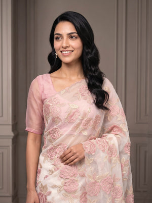 Turkish Organza Blush Pink Golden Rose Bunch Embroidery Scalloped Border Saree