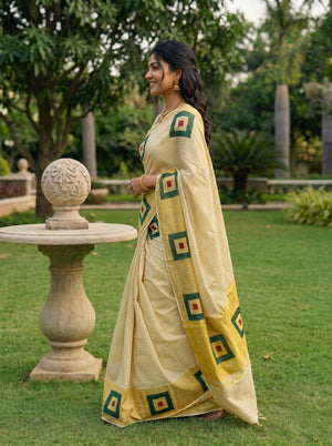 Tissue Cream Gold Checked Green Square Print Onam Special Kerala Saree