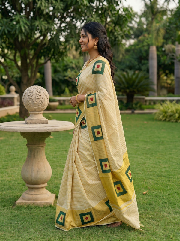 Tissue Cream Gold Checked Green Square Print Onam Special Kerala Saree