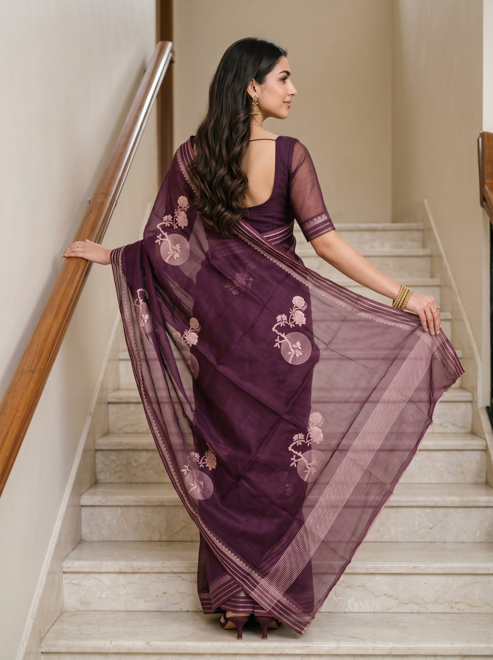 Organza Wine Purple Floral Bonsai Print Saree