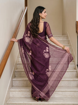 Organza Wine Purple Floral Bonsai Print Saree