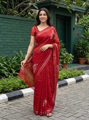 Organza Red Woven Flower Motif Zari Stripe Border Saree
