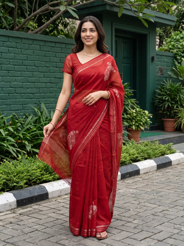 Organza Red Woven Flower Motif Zari Stripe Border Saree