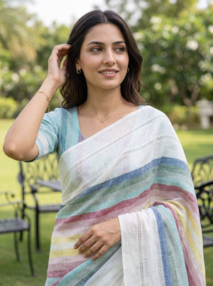 Linen Cream Saree with Multicolor Checked Pallu & Tassels