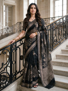 Organza Black Floral Print Saree with Blossom Motifs