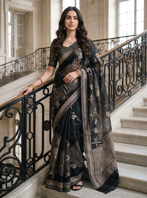 Organza Black Floral Print Saree with Blossom Motifs