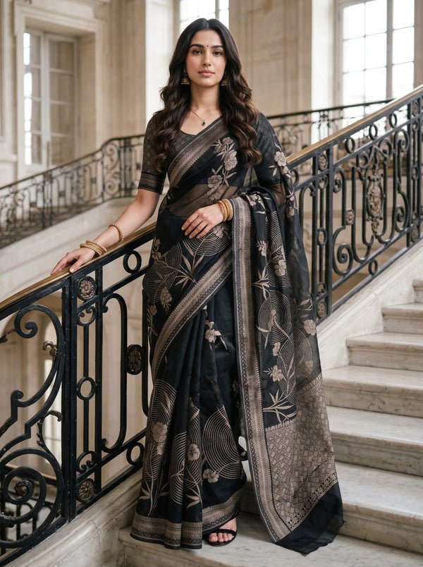 Organza Black Floral Print Saree with Blossom Motifs