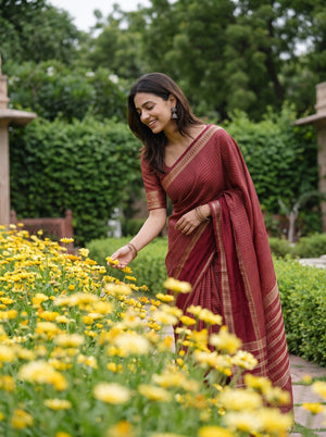 Semi Silk Red Saree with Golden Dotted Check Weave and Striped Border
