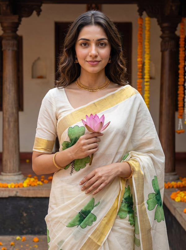 Cotton Cream Green Hibiscus Print Onam Special Kerala Saree