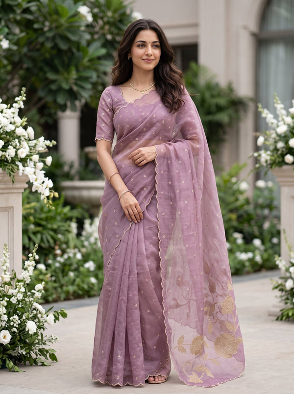 Organza Lilac Mauve Golden Rose Applique Vine Pallu Scalloped Edge Saree