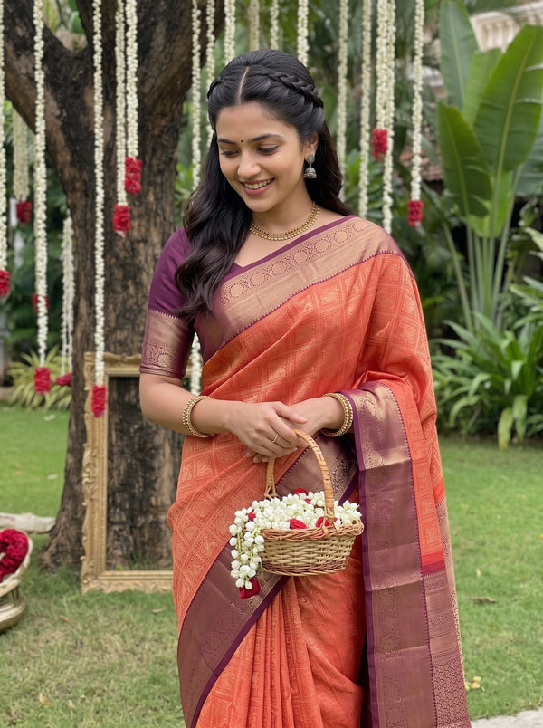 Kanjivaram Brocade Saree in Rust Orange with Wine Zari Floral Pallu