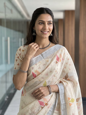 Cotton Cream Multicolor Geometric Diamond Printed Pallu Pinstripe Border Tassels Saree