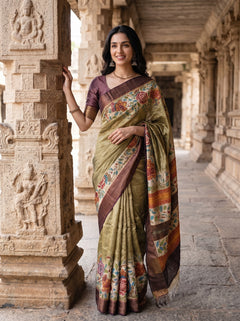 Tussar Silk Olive Green Saree with Kantha Embroidered Rose Floral Pallu