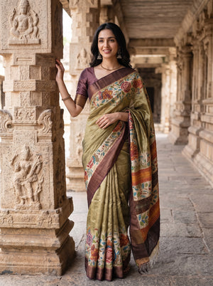 Tussar Silk Olive Green Saree with Kantha Embroidered Rose Floral Pallu