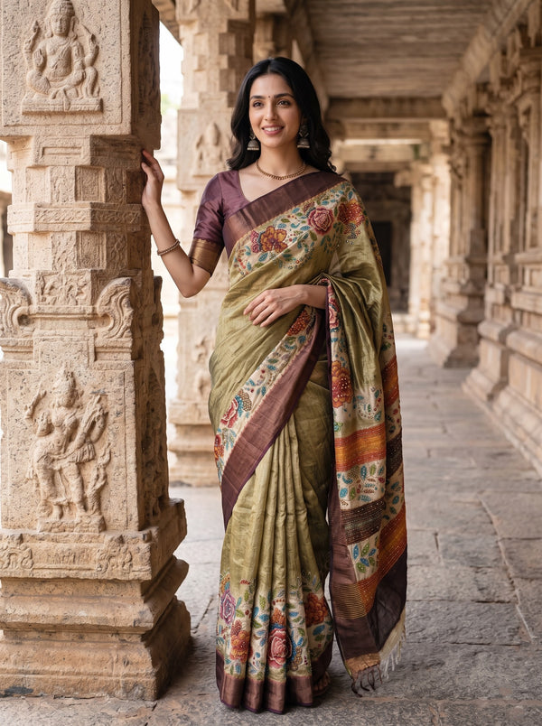 Tussar Silk Olive Green Saree with Kantha Embroidered Rose Floral Pallu