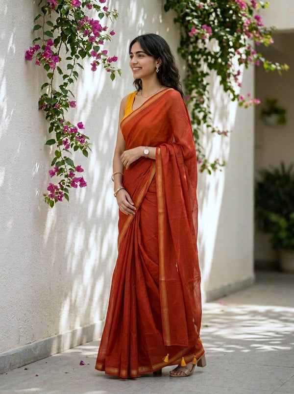 Mul Mul Cotton Rust Red Plain Saree with Golden Zari Border