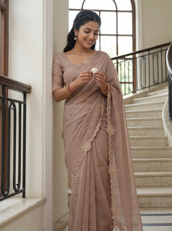 Organza Dusty Rose Saree with Floral Applique Scalloped Border and Sequin Work