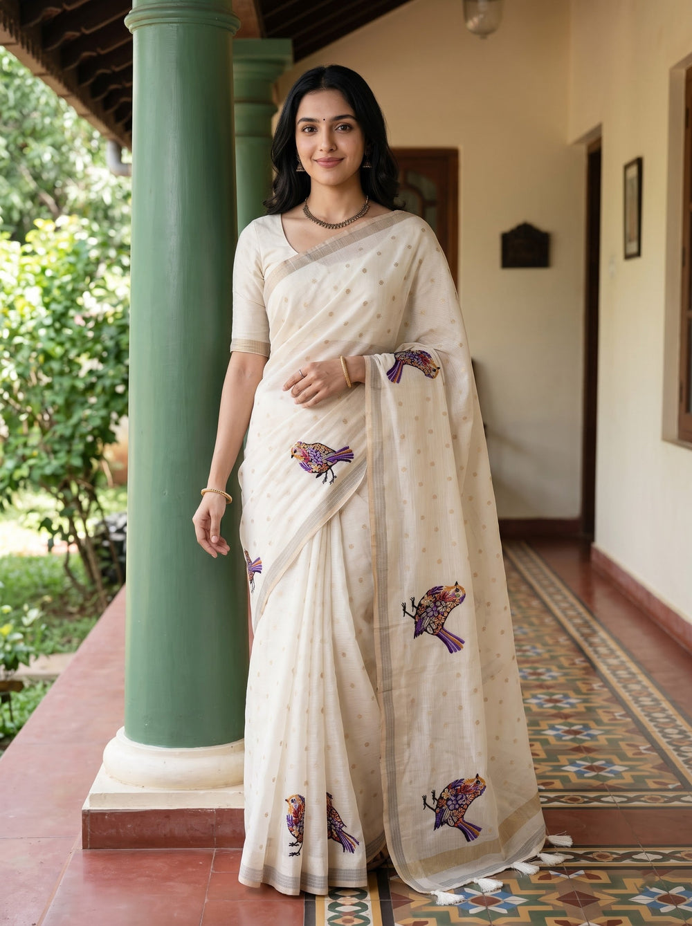 Kota Doria Off White Multicolour Bird Motif Saree with Golden Border