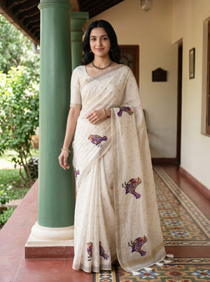 Kota Doria Off White Multicolour Bird Motif Saree with Golden Border
