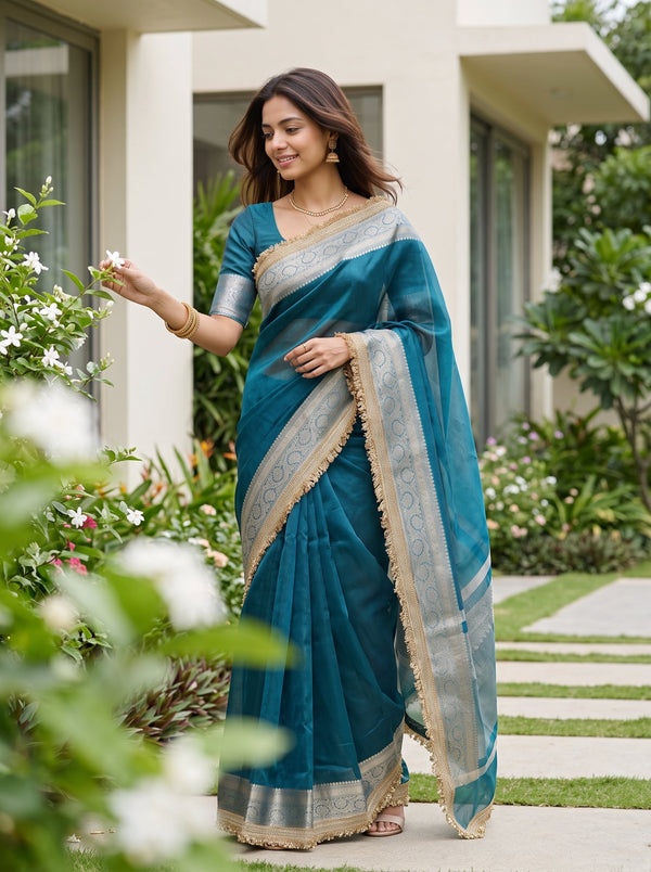 Tissue Banarasi Teal Plain Saree with Gold Zari Border