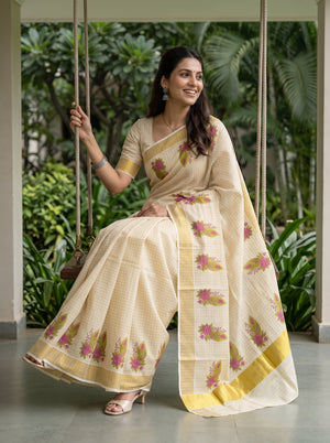 Tissue Cream Magenta Rose Print Kerala Saree with Golden Zari Border