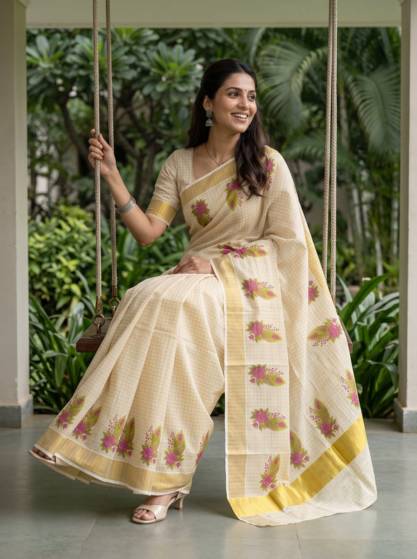 Tissue Cream Magenta Rose Print Kerala Saree with Golden Zari Border