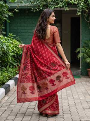 Banarasi Bandhani Red Saree with Floral Jaal Zari Pallu
