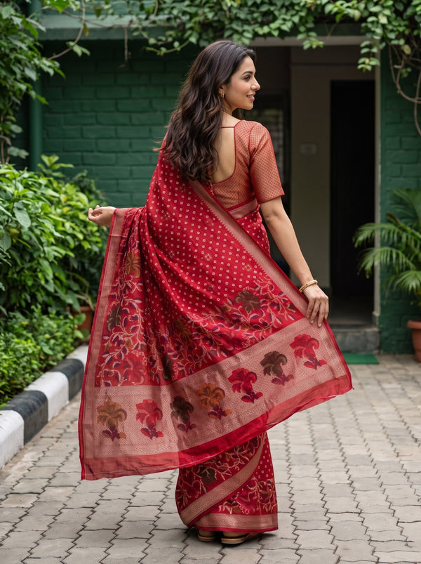 Banarasi Bandhani Red Saree with Floral Jaal Zari Pallu