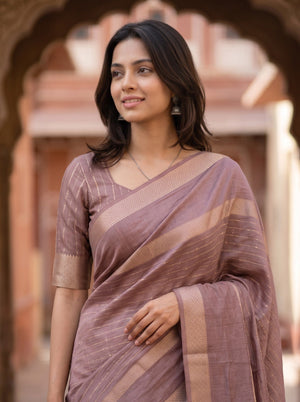 Semi Silk Mauve Dusty Rose Self-Tone Zari Striped Saree