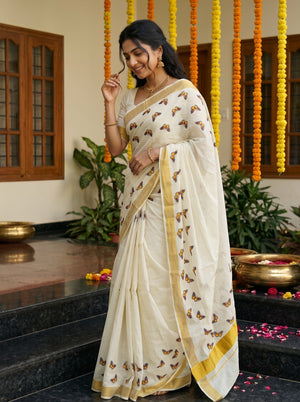 Cotton Off-White Violet Butterfly Print With Golden Border Onam Special Kerala Saree