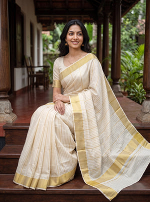 Cotton Cream Off-White Gold Ladder Stripe Checkbox Border Kerala Saree