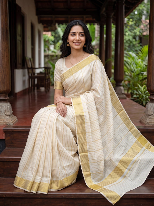 Cotton Cream Off-White Gold Ladder Stripe Checkbox Border Kerala Saree
