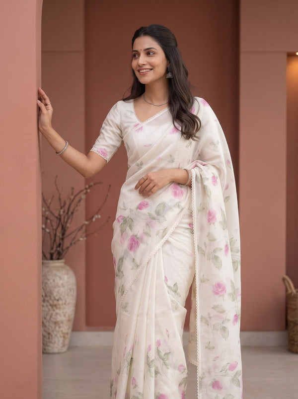 Chanderi Cotton Cream Saree with Pink Rose Floral Print