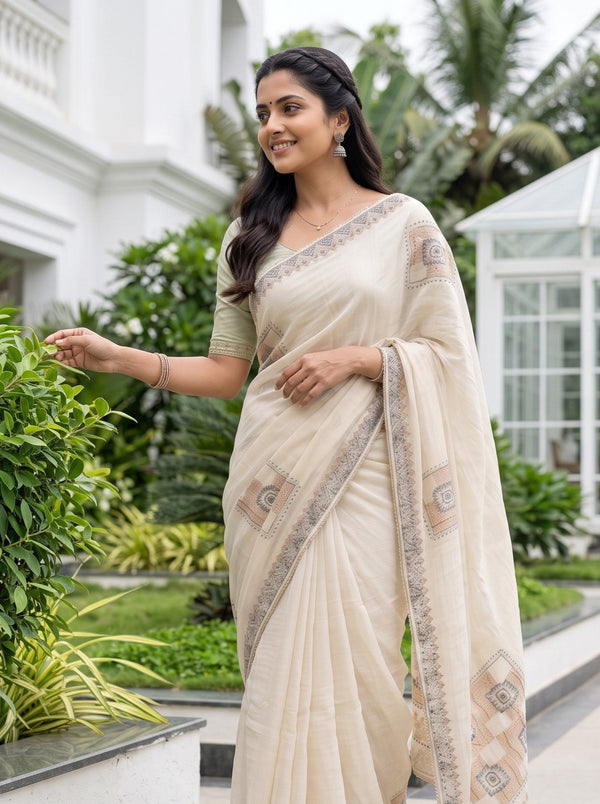 Organza Cream Block Print Patchwork Sequin Embroidered Pallu Saree