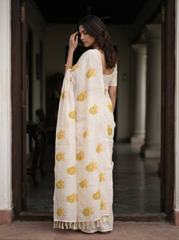Cotton Cream Leaf Berry Print Saree