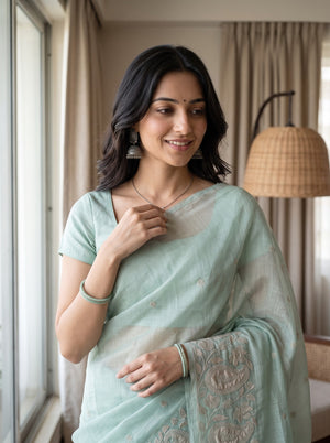 Organza Sage Green Paisley Floral Vine Embroidered Pallu