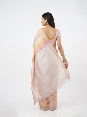 Semi Silk Soft Pink Checked Stripe Saree