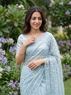 Net Kota Powder Blue Floral Lace Embroidery Saree