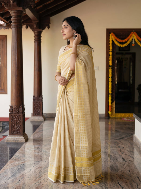 Tissue Cream Off-White Golden Checkered Block Border Onam Kerala Saree