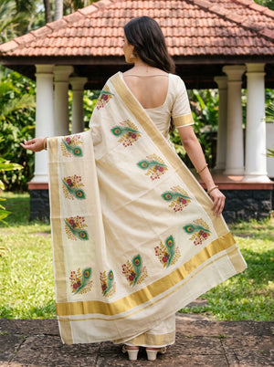 Tissue Cream Kerala Saree with Peacock Feather Floral Print Pallu, Golden Zari Border